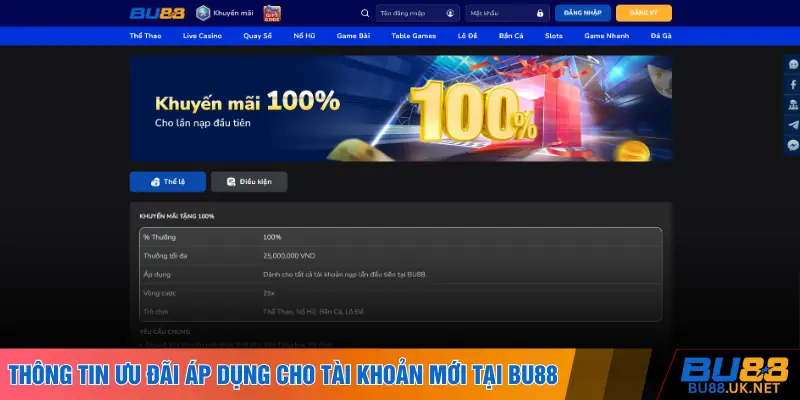 Thông tin ưu đãi áp dụng cho tài khoản mới tại BU88
